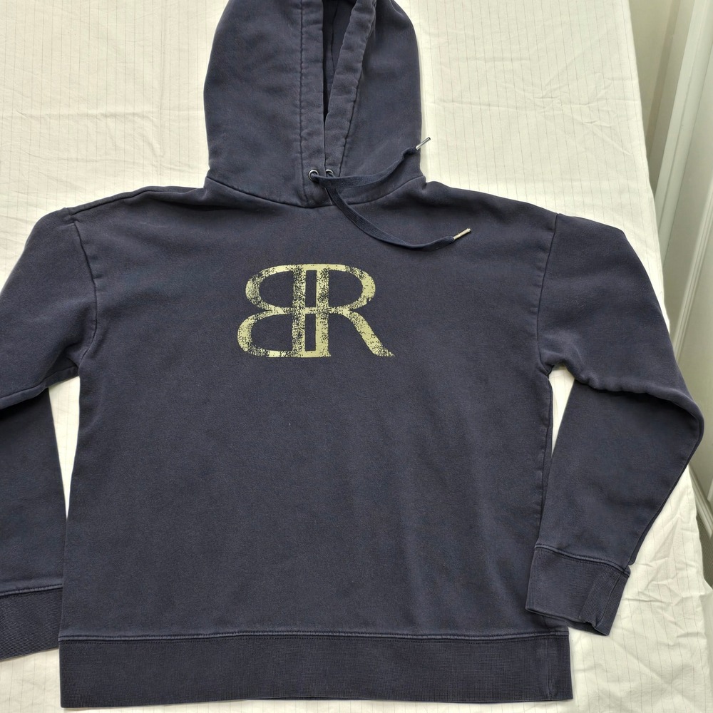 Banana Republic Mens Small Navy Blue Distressed BR Logo Graphic Fleece Hoodie
